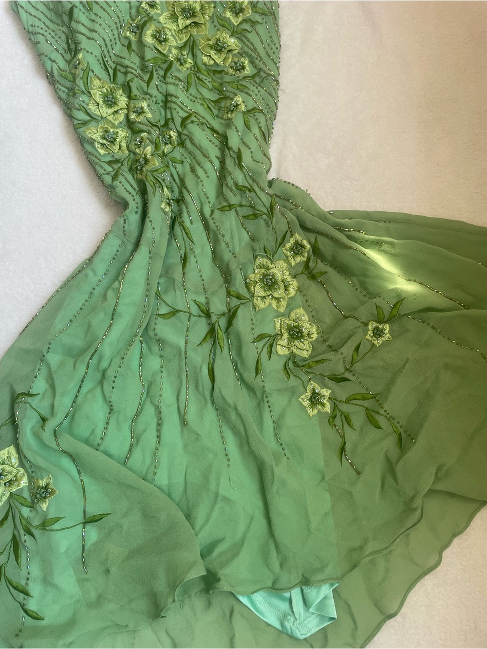 Rare VTG 100% Silk Sue Wong Fairy floral beaded Lime Green Dress w/ Silk Scarf - Picture 9 of 16